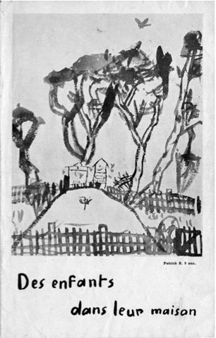 Dessin d'enfant de la butte du jardin, avec les pruniers et les ruches